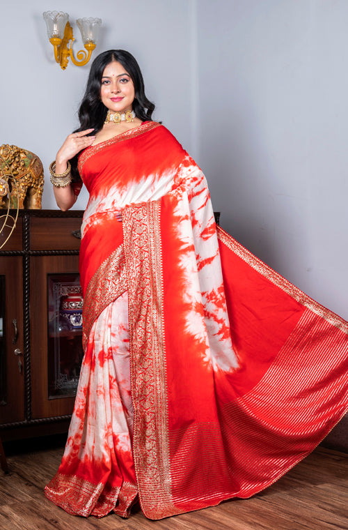 Morchari Pure Dola Saree (Marble Dye) - Red | Grocsy