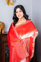 Morchari Pure Dola Saree (Marble Dye) - Red | Grocsy