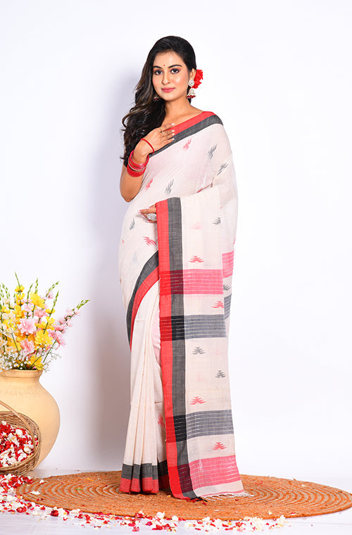 Morchari Bengal Handloom Linin Saree - Off White | Grocsy