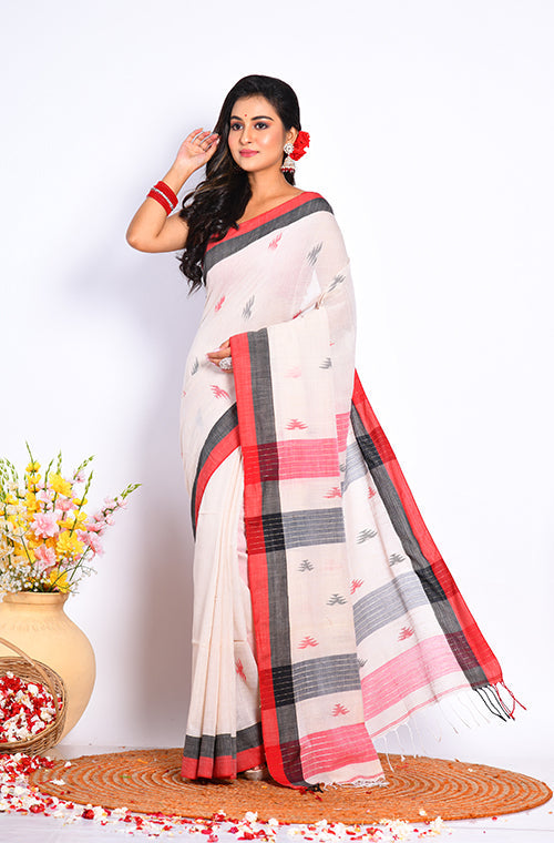 Morchari Bengal Handloom Linin Saree - Off White | Grocsy