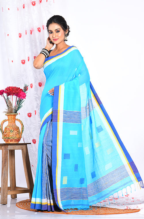 Morchari Cotton Handloom Saree - Blue | Grocsy