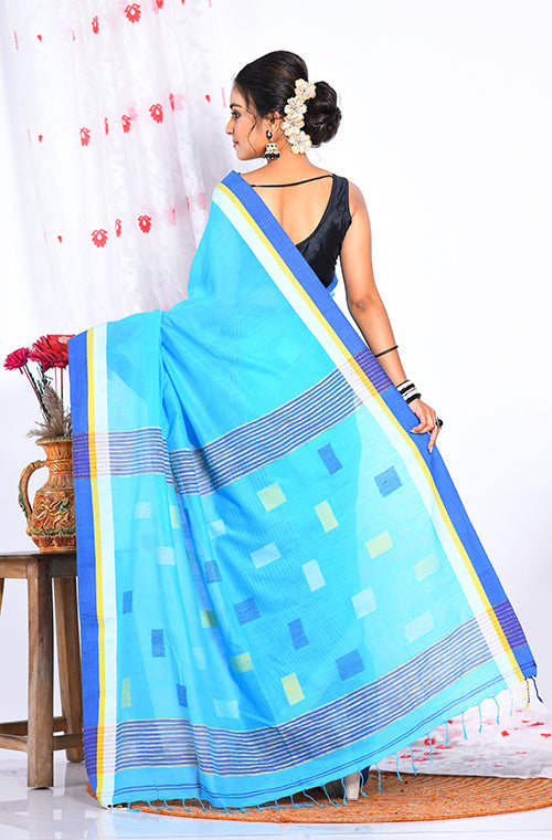 Morchari Cotton Handloom Saree - Blue | Grocsy