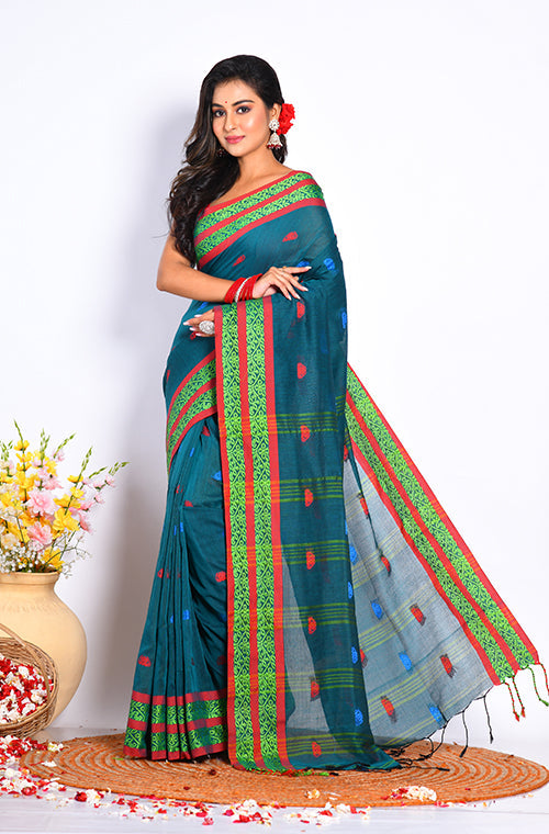 Morchari Cotton Handloom Saree - Green | Grocsy