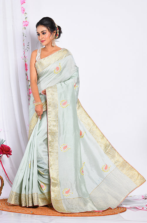 Morchari Heavy Embroidery Saree - Light Green | Grocsy