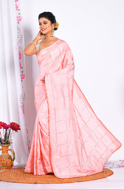 Morchari Heavy Embroidery Saree - Pink | Grocsy