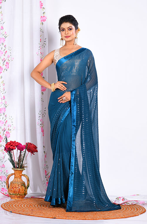 Morchari Heavy Embroidery Saree - Dark Blue | Grocsy