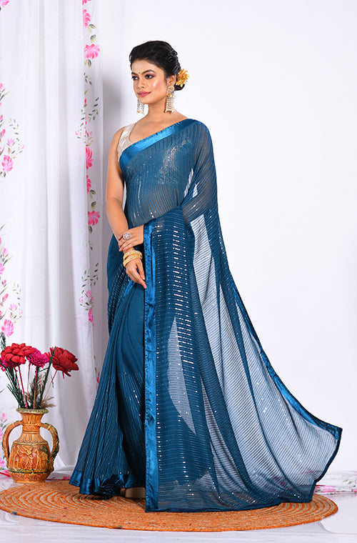 Morchari Heavy Embroidery Saree - Dark Blue | Grocsy