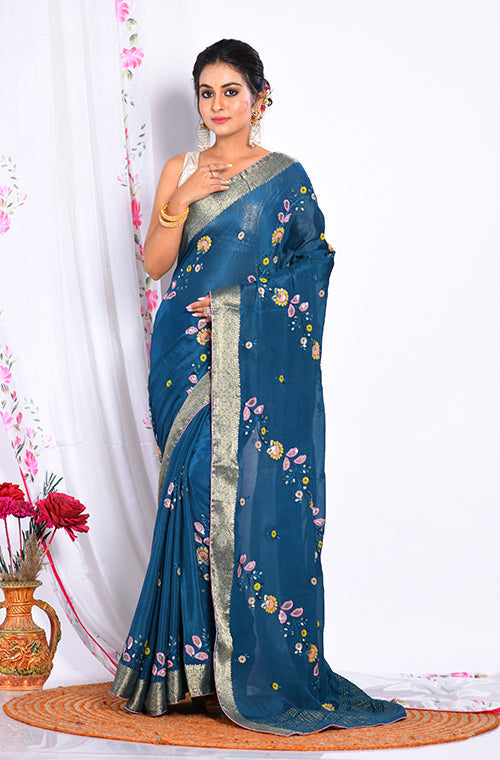 Morchari Heavy Embroidery Saree - Dark Green | Grocsy