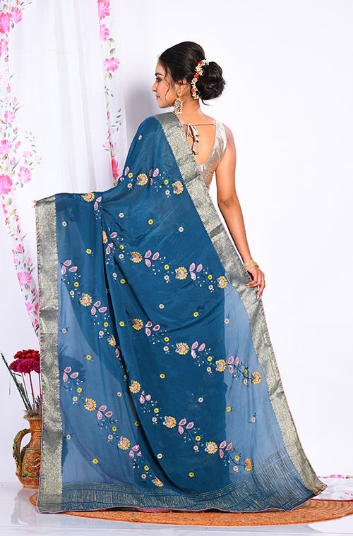Morchari Heavy Embroidery Saree - Dark Green | Grocsy