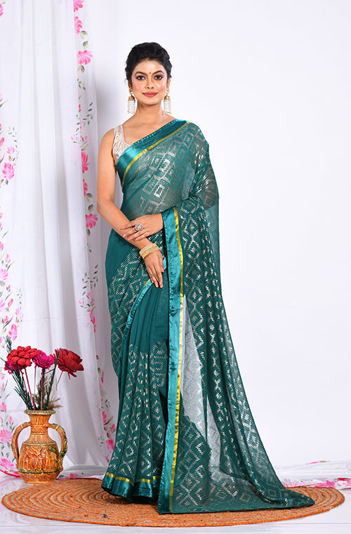 Morchari Heavy Embroidery Saree - Green | Grocsy