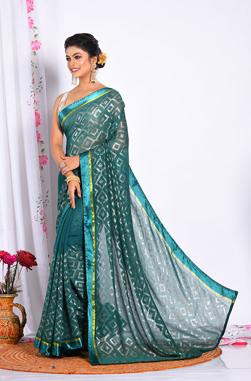 Morchari Heavy Embroidery Saree - Green | Grocsy