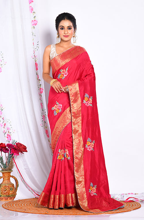 Morchari Heavy Embroidery Saree - Maroon | Grocsy