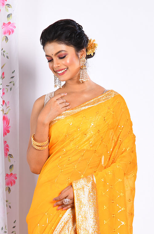 Morchari Heavy Embroidery Saree - Yellow | Grocsy