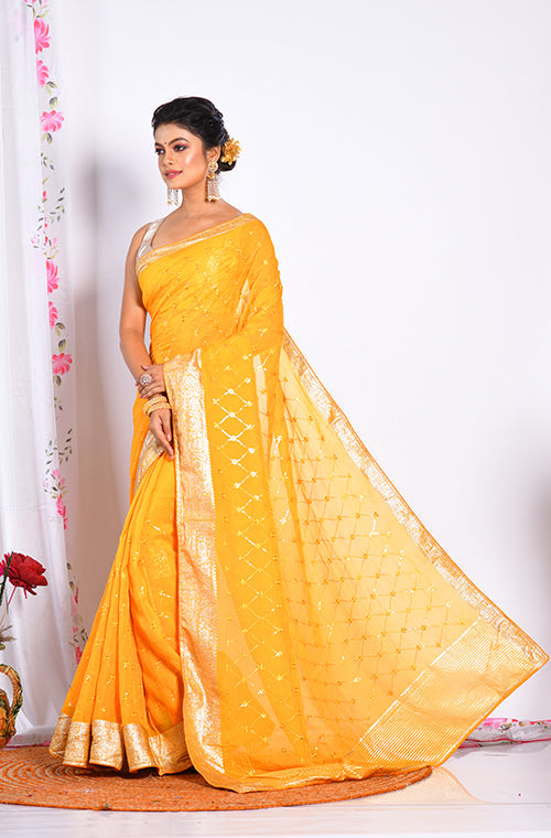 Morchari Heavy Embroidery Saree - Yellow | Grocsy