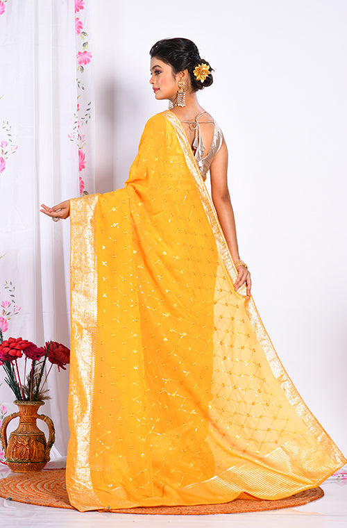 Morchari Heavy Embroidery Saree - Yellow | Grocsy