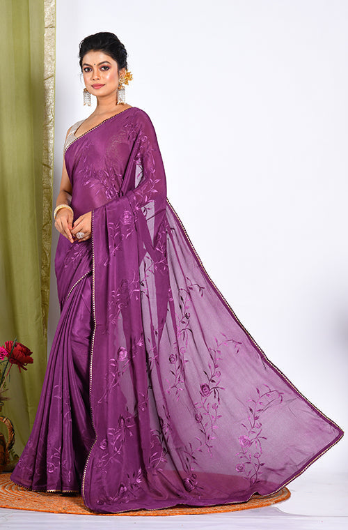 Morchari Heavy Embroidery Saree - Purple | Grocsy