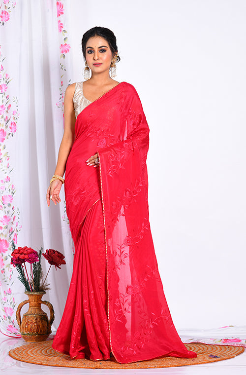 Morchari Heavy Embroidery Saree - Maroon | Grocsy