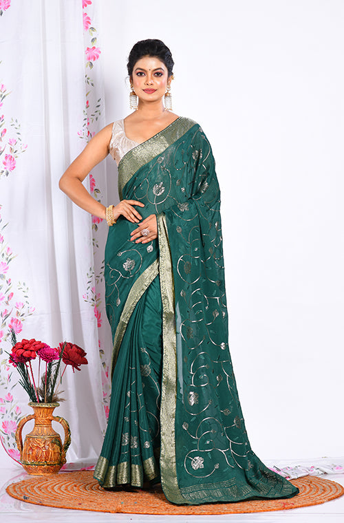Morchari Heavy Embroidery Saree - Green | Grocsy
