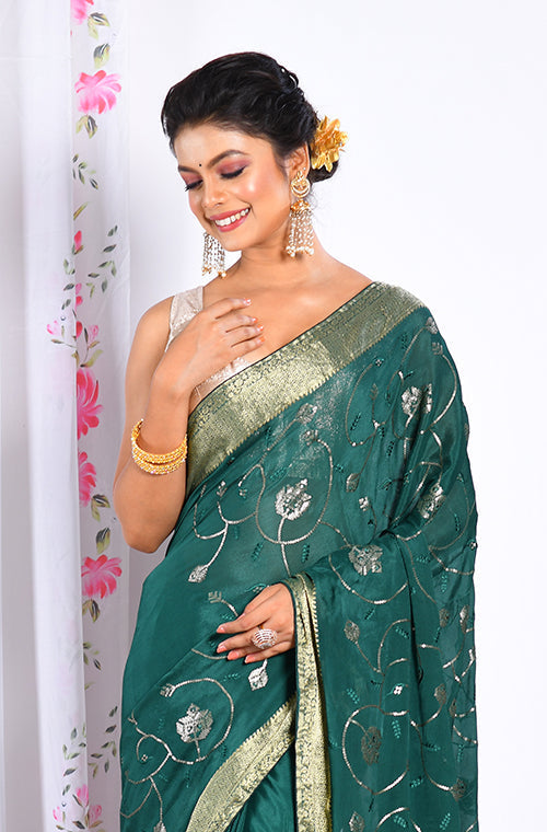 Morchari Heavy Embroidery Saree - Green | Grocsy