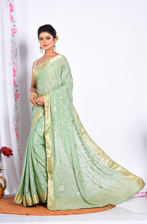 Morchari Heavy Embroidery Saree - Light Green | Grocsy