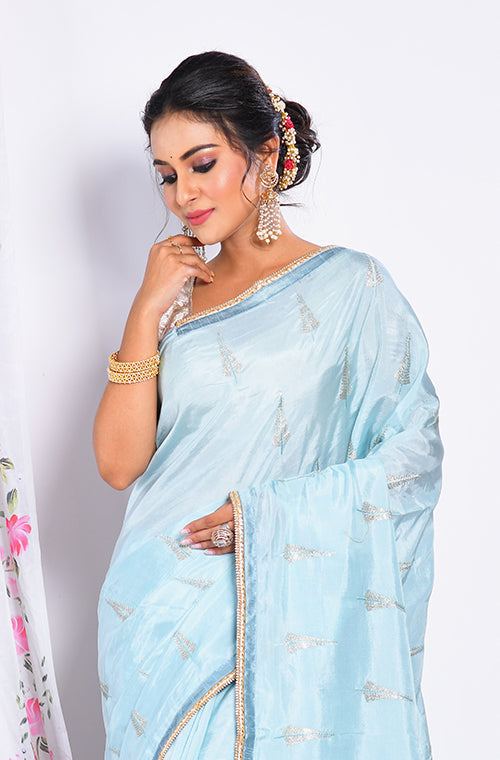 Morchari Heavy Embroidery Saree - Sky Blue | Grocsy