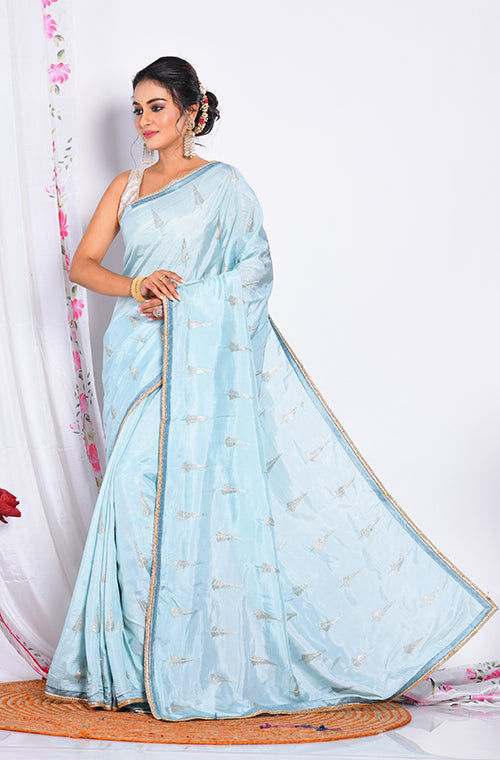 Morchari Heavy Embroidery Saree - Sky Blue | Grocsy