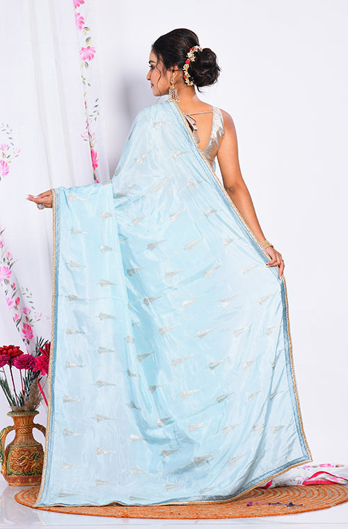 Morchari Heavy Embroidery Saree - Sky Blue | Grocsy