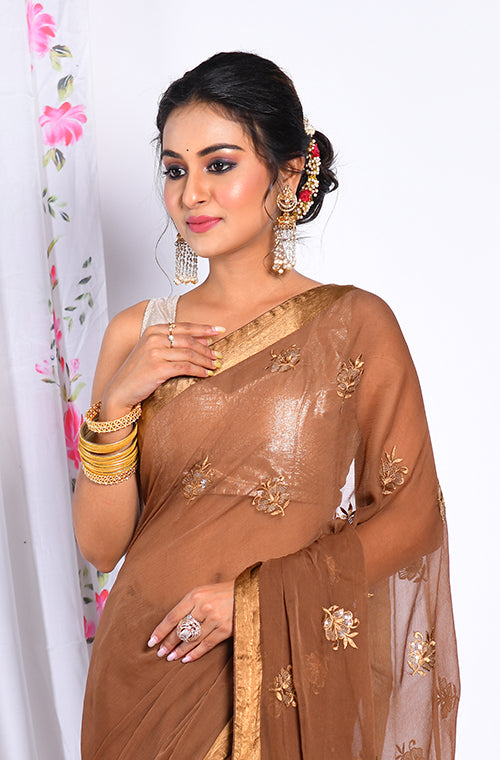 Morchari Heavy Embroidery Saree - Brown | Grocsy