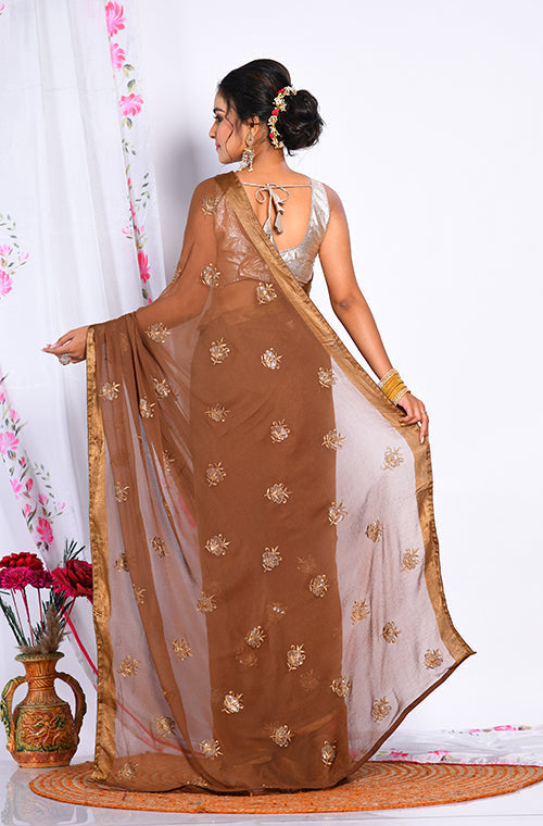 Morchari Heavy Embroidery Saree - Brown | Grocsy