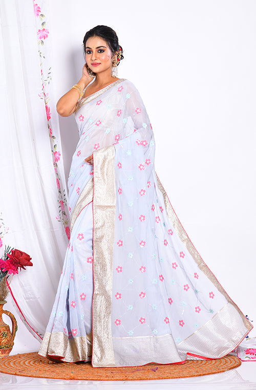 Morchari Heavy Embroidery Saree - Light Blue | Grocsy