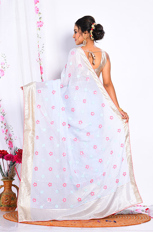 Morchari Heavy Embroidery Saree - Light Blue | Grocsy