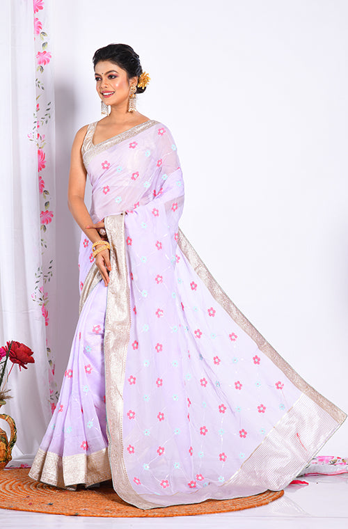 Morchari Heavy Embroidery Saree - Light Purple | Grocsy