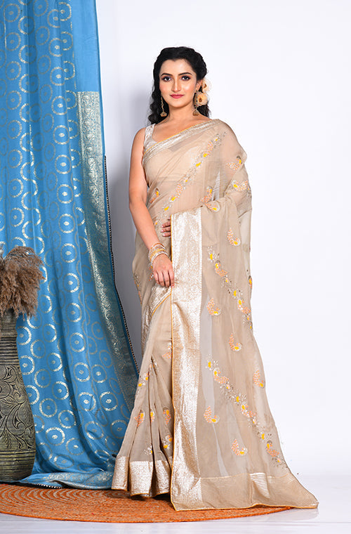 Morchari Heavy Embroidery Saree - Beige | Grocsy