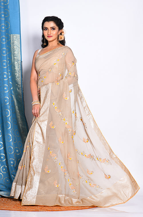 Morchari Heavy Embroidery Saree - Beige | Grocsy