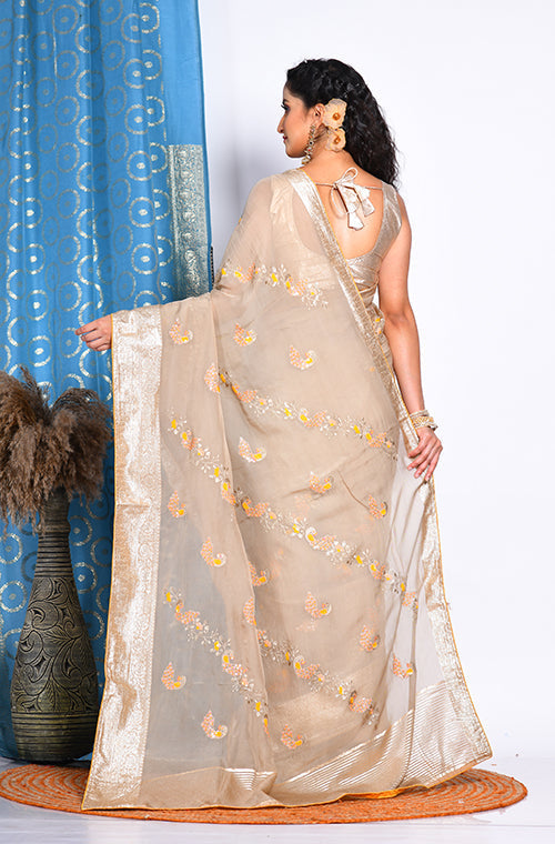 Morchari Heavy Embroidery Saree - Beige | Grocsy