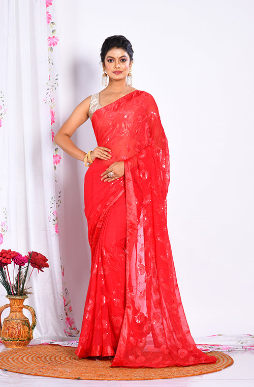Morchari Heavy Embroidery Saree - Red | Grocsy