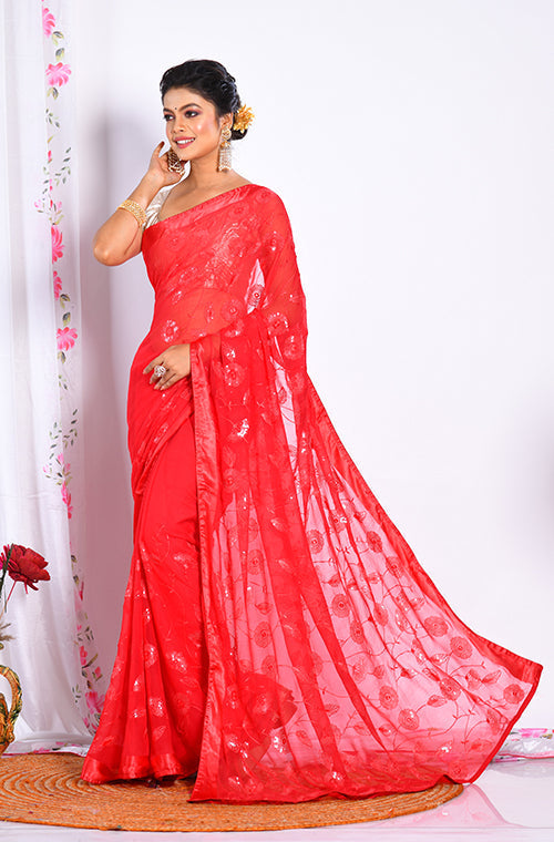 Morchari Heavy Embroidery Saree - Red | Grocsy