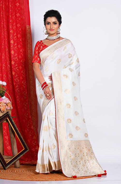 Morchari Pure Dola Silk Saree - White | Grocsy