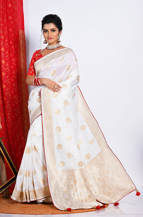Morchari Pure Dola Silk Saree - White | Grocsy