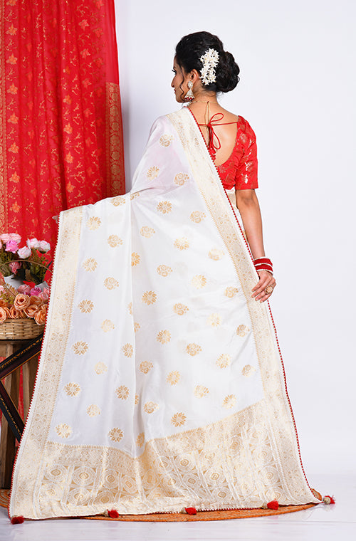 Morchari Pure Dola Silk Saree - White | Grocsy