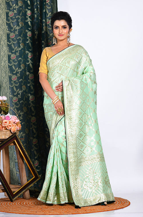 Morchari Pure Dola Silk Saree - Light Green | Grocsy