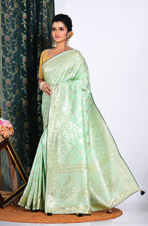 Morchari Pure Dola Silk Saree - Light Green | Grocsy