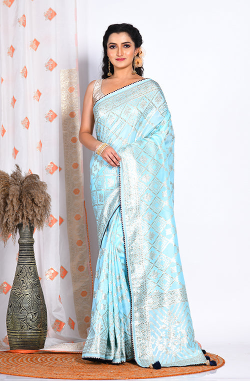 Morchari Pure Dola Silk Saree - Sky Blue | Grocsy