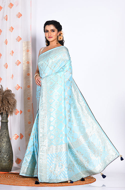 Morchari Pure Dola Silk Saree - Sky Blue | Grocsy