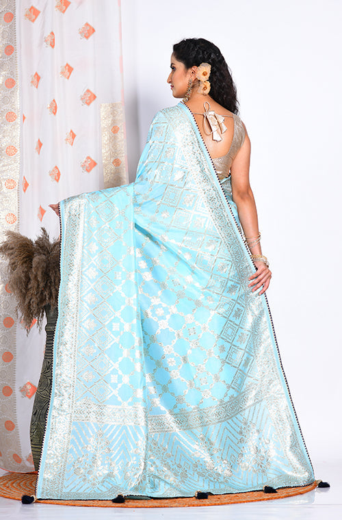 Morchari Pure Dola Silk Saree - Sky Blue | Grocsy