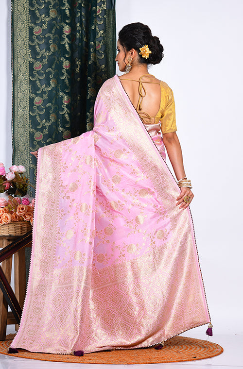 Morchari Pure Dola Silk Saree - Light Pink | Grocsy