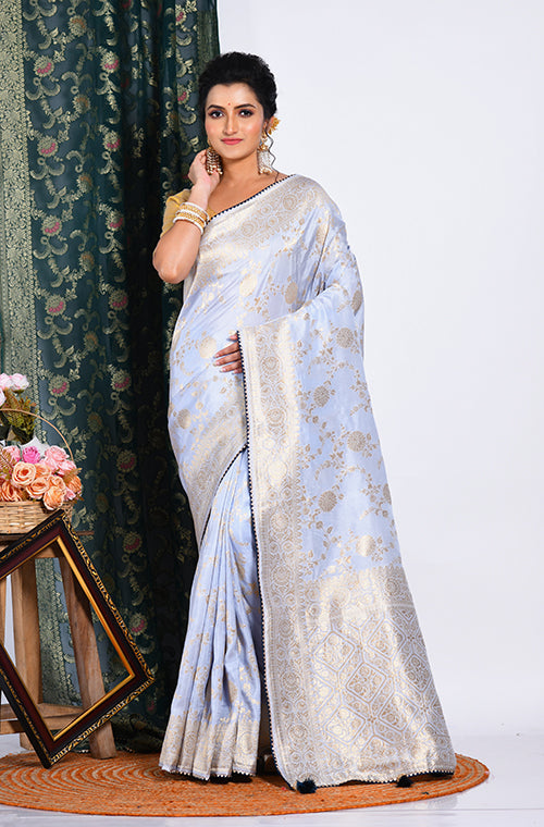 Morchari Pure Dola Silk Saree - Light Grey | Grocsy