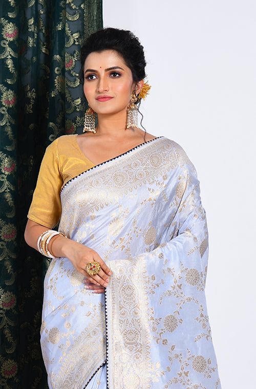 Morchari Pure Dola Silk Saree - Light Grey | Grocsy