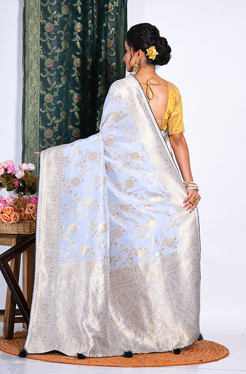 Morchari Pure Dola Silk Saree - Light Grey | Grocsy