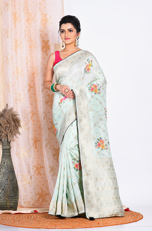 Morchari Pure Russian Silk Saree - Green | Grocsy